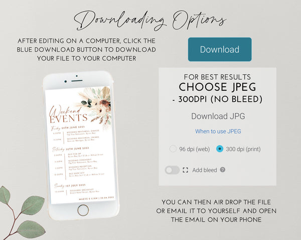 Phone Wedding Events Itinerary Template, Wedding Weekend Timeline, Order of Events For Texting, Digital Events, Boho Floral Wedding, Maeve