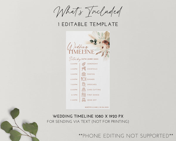 Phone Timeline Template, Wedding Timeline, Order of Events For Texting, Digital Wedding Day Timeline Download, Boho Floral Wedding, Maeve