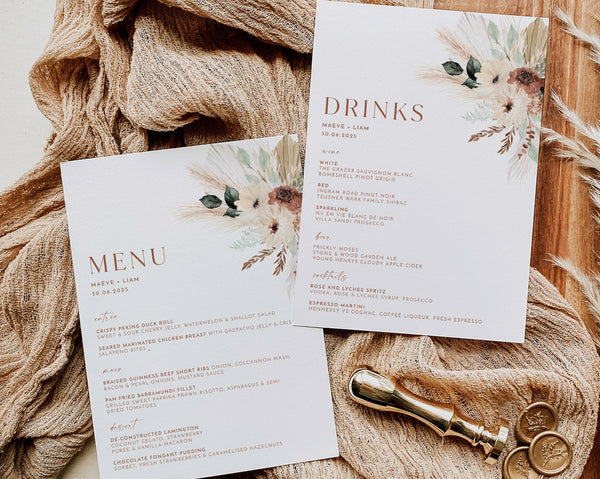 Boho Wedding Menu Template, Boho Floral Wedding Menu, Modern Wedding Menu, Pampas Grass Menu Terracotta, Templett Menu Editable, Maeve