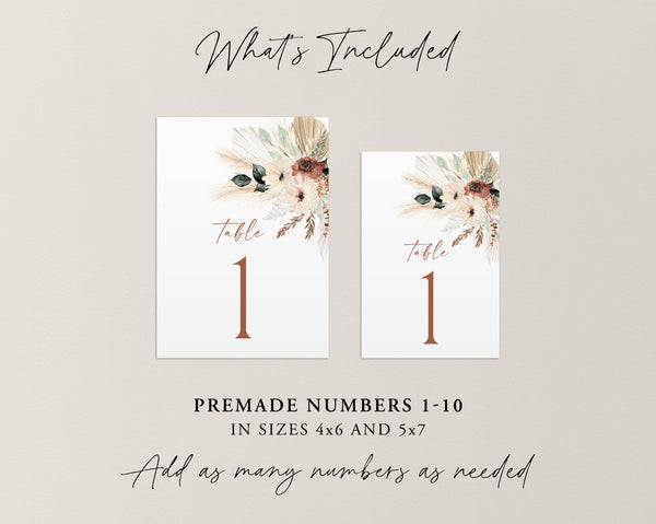 Printable Boho Table Numbers Template, Modern Wedding Table Numbers, Boho Table Numbers, Boho Floral Table Number Template, 5x7, 4x6, Maeve