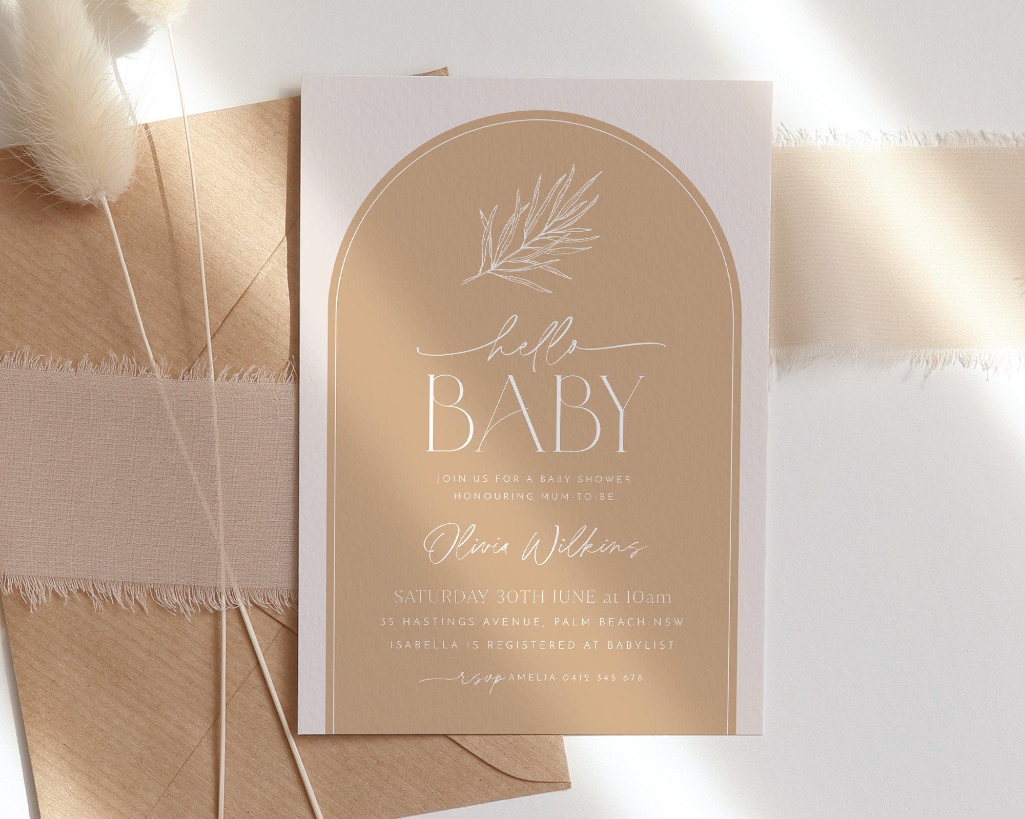 Boho Baby Shower Invitation, Baby Brunch Invite, Gender Neutral Baby Shower Invite, Minimalist Invitation, Hello Baby Arch Invitation Leaf