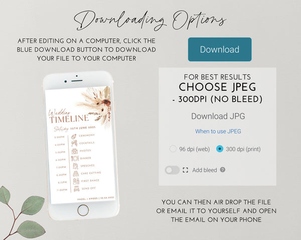 Phone Timeline Template, Wedding Timeline, Order of Events For Texting, Digital Wedding Day Timeline Download, Boho Floral Wedding, Hazel