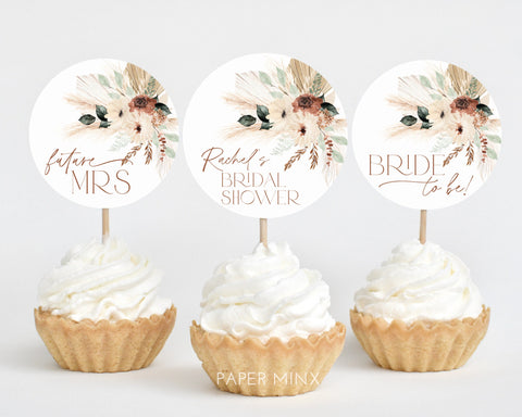 Boho Cupcake Toppers, Bridal Shower Cupcake Toppers, Printable Boho Floral Cupcake Topper, Editable Cupcake, Boho Bridal Decor Pampas Grass