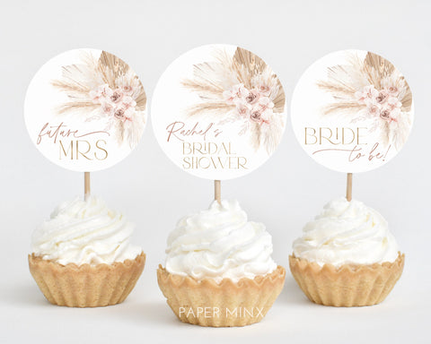 Pink Boho Cupcake Toppers, Bridal Shower Cupcake Toppers, Printable Boho Floral Cupcake Topper, Editable Cupcake, Boho Bridal Pampas Grass