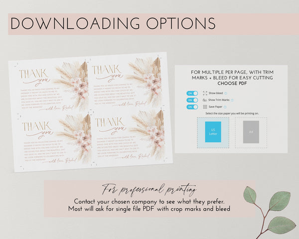 Pink Boho Thank You Card Template, Printable Thank You Card Instant Download Thank You Card, Bridal Shower Thank You, Floral Thank You Card