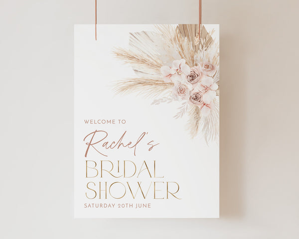 Printable Pink Boho Bridal Shower Welcome Sign, Boho Floral Welcome Sign, Editable Welcome Sign Kitchen Tea, Pampas Floral Bridal Shower