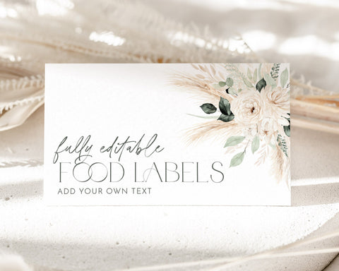 Boho Bridal Shower Food Labels, Boho Food Label Card, Food Tent Cards, Food Tags, Food Labels, Folded Food Cards, Tented, Floral Greenery