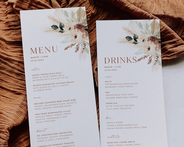 Boho Wedding Menu Template, Boho Floral Wedding Menu, Modern Wedding Menu, Pampas Grass Menu Terracotta, Templett Menu Editable, Maeve