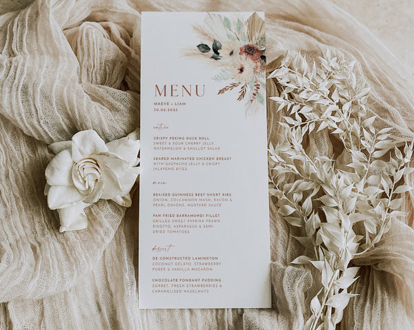 Boho Wedding Menu Template, Boho Floral Wedding Menu, Modern Wedding Menu, Pampas Grass Menu Terracotta, Templett Menu Editable, Maeve