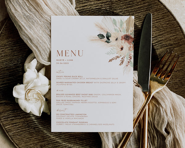 Boho Wedding Menu Template, Boho Floral Wedding Menu, Modern Wedding Menu, Pampas Grass Menu Terracotta, Templett Menu Editable, Maeve