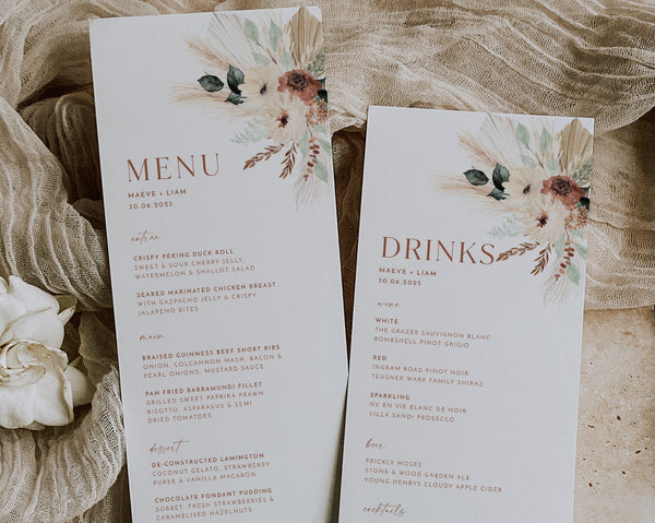 Boho Wedding Menu Template, Boho Floral Wedding Menu, Modern Wedding Menu, Pampas Grass Menu Terracotta, Templett Menu Editable, Maeve