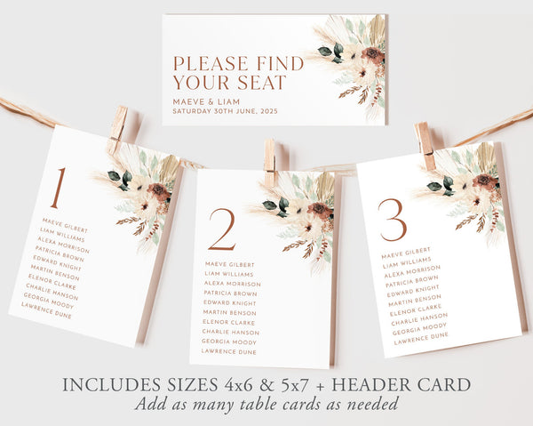 Wedding Seating Chart Card Template, Boho Wedding Seating Cards, Modern Seating Chart Cards, Table Number Seating Cards, Table Cards, Maeve