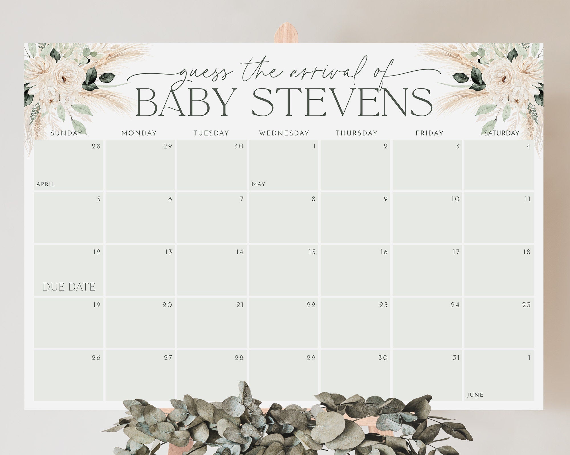 Boho Baby Shower Due Date Calendar, Greenery Floral Baby Birth Date Sign, Guess the Arrival Date Sign, Printable Due Date Sign Baby Shower