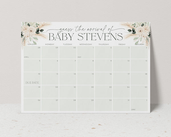 Boho Baby Shower Due Date Calendar, Greenery Floral Baby Birth Date Sign, Guess the Arrival Date Sign, Printable Due Date Sign Baby Shower