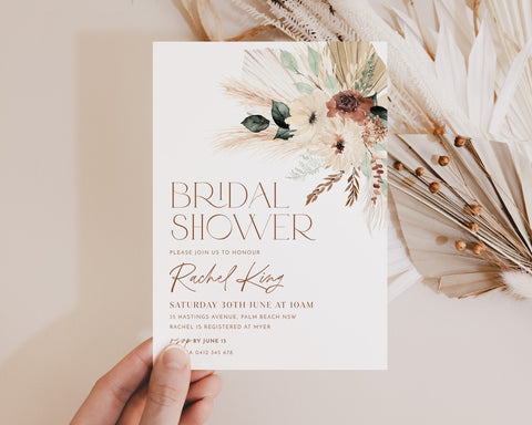 Boho Bridal Shower Invitation, Bohemian Bridal Shower Invite, Editable Boho Bridal Shower Template, Terracotta Pampas Grass Invitation Palms