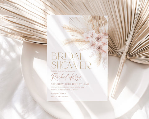 Pink Boho Bridal Shower Invitation, Bohemian Bridal Shower Invite, Editable Boho Bridal Shower Template, Muted Pink Pampas Grass Invitation