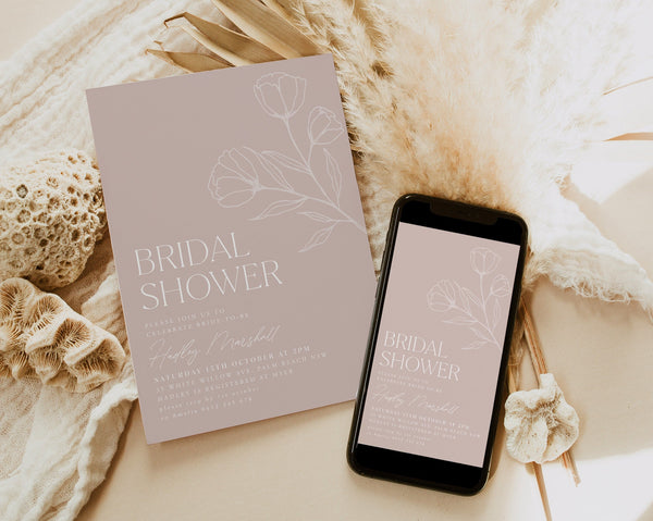 Boho Bridal Shower Invitation, Floral Bridal Shower Invite, Pink Minimal Bridal Shower, Editable Boho Bridal Shower Template Minimalist