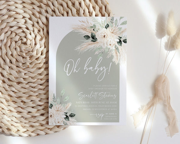 Sage Green Baby Shower Invitation, Gender Neutral Baby Shower, Greenery Floral Invitation Printable Template, Sage Baby Shower Arch Invite