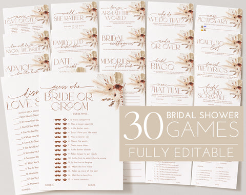 Boho Bridal Shower Games, Floral Bridal Shower Editable Games, Printable Games, Boho Games Pack, Modern Bridal Shower Games, Pampas Grass