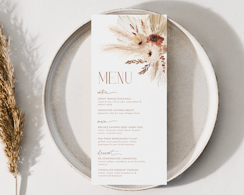 Boho Menu Template, Printable Bridal Shower Menu, Boho Floral Menu, Editable Menu, Boho Bridal Shower Menu Template, Floral Boho Pampas Menu