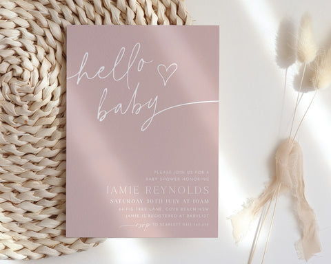 Pink Baby Shower Invitation, Hello Baby Minimalist Girl Baby Shower Invitation Template, Baby Brunch, Baby Sprinkle, Modern Pink Baby Shower