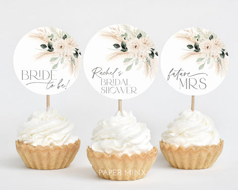 Boho Cupcake Toppers, Bridal Shower Cupcake Toppers, Printable Boho Floral Cupcake Topper, Editable Cupcake, Boho Bridal Decor Greenery