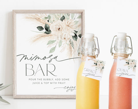 Boho Floral Mimosa Bar Sign, Floral Mimosa Sign, Bridal Shower Mimosa Bar Sign, Boho Mimosa Sign, Juice Labels, Mimosa Juice Labels Greenery