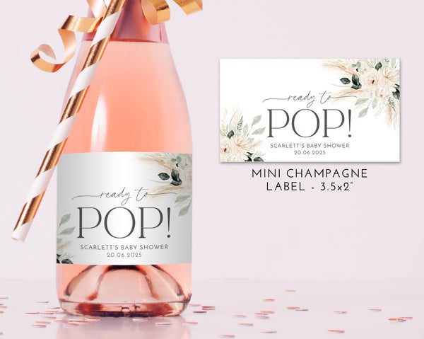 Boho Baby Shower Mini Champagne Labels, Printable Wine Labels, Greenery Floral Champagne Labels, Ready to Pop Labels, Green Baby Champagne