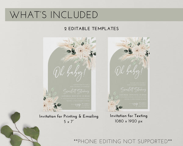 Sage Green Baby Shower Invitation, Gender Neutral Baby Shower, Greenery Floral Invitation Printable Template, Sage Baby Shower Arch Invite