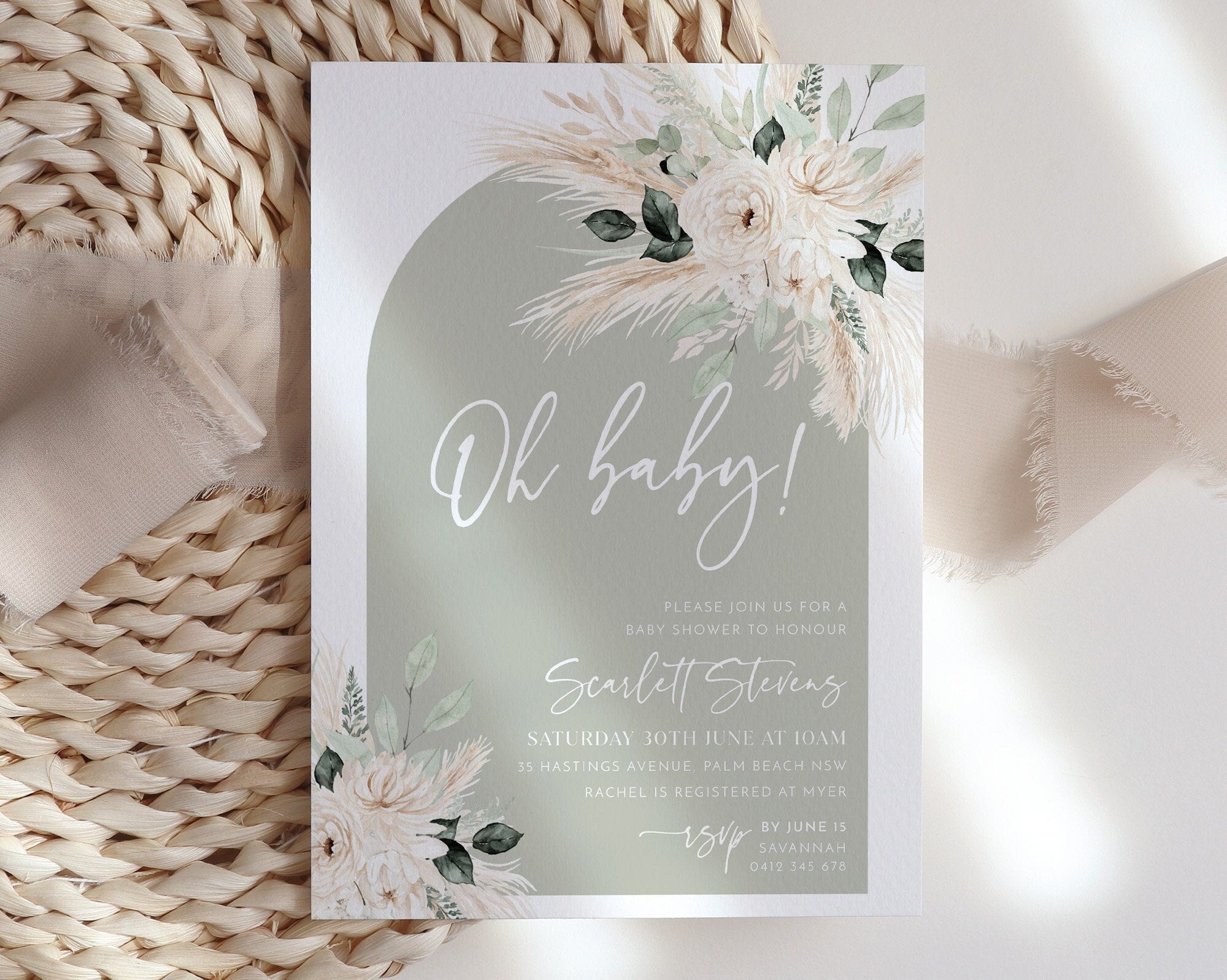 Sage Green Baby Shower Invitation, Gender Neutral Baby Shower, Greenery Floral Invitation Printable Template, Sage Baby Shower Arch Invite