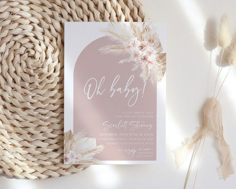 Pink Boho Baby Shower Invitation, Boho Floral Baby Shower, Baby Girl Baby Shower Invite, Dried Flower Invitation, Boho Arch Invitation Pink