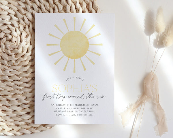 First Trip Around The Sun Birthday Invitation Template, Sun First Birthday Invitation, Sun Invitation, Printable 1st Birthday Invitation