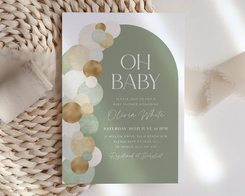 Sage Baby Shower Invitation, Balloon Arch Oh Baby Gender Neutral Baby Shower Invitation Template, Baby Brunch, Baby Sprinkle Sage Green Arch