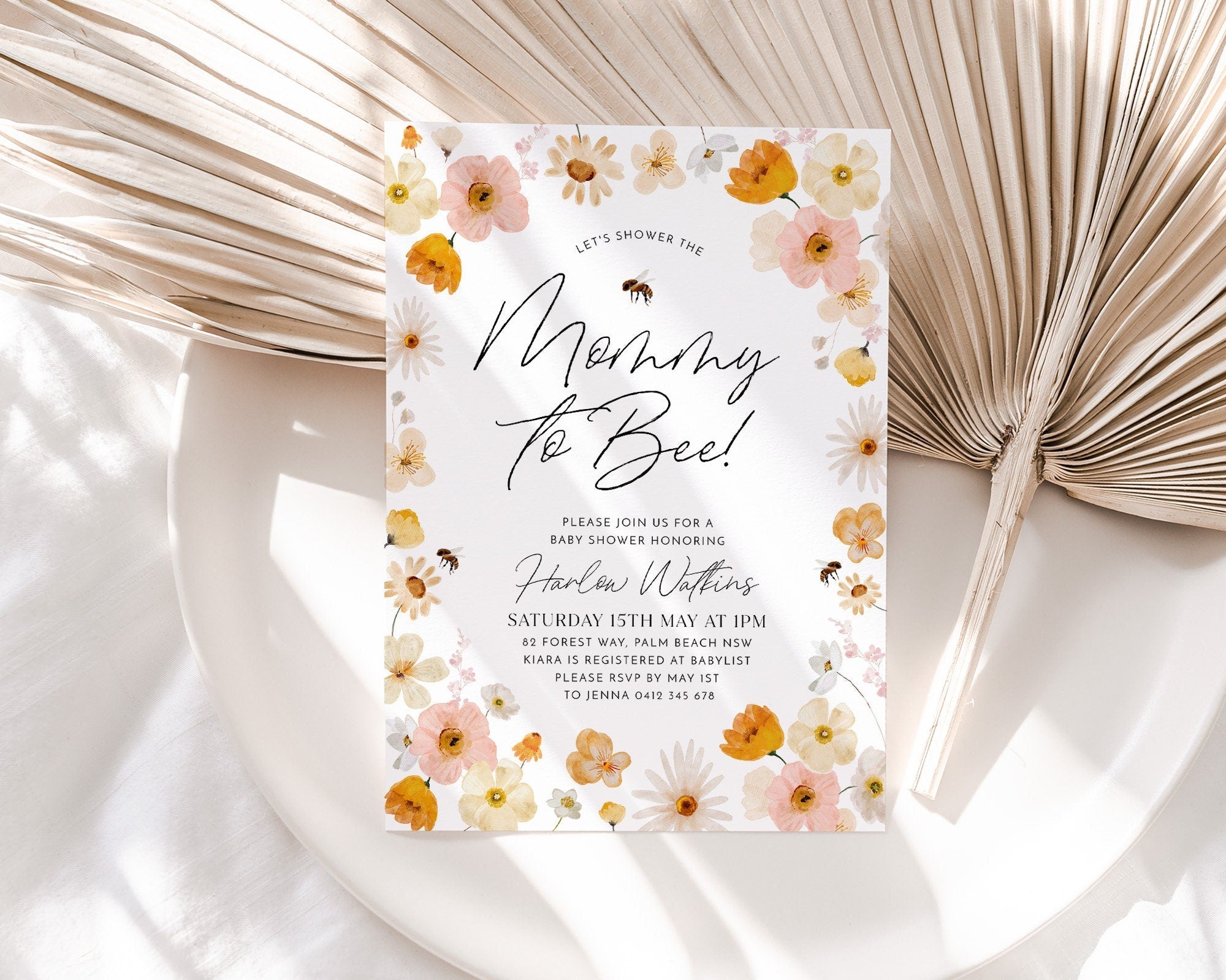 Mommy to Bee Invitation, Bee Baby Shower Invite, Mom to Bee, Baby Brunch, Floral Bee Invitation, Bee Baby Shower Invitation Template Floral