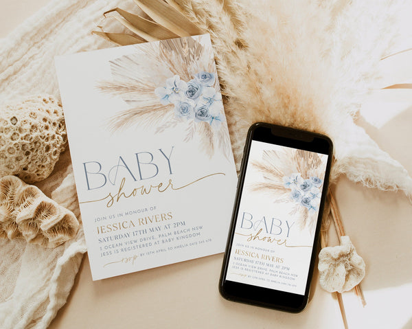 Blue Boho Baby Shower Invitation, Boy Baby Shower Invite, Blue Floral Baby Shower, Pampas Grass, Boho Boy Baby Shower, Baby Brunch Invite