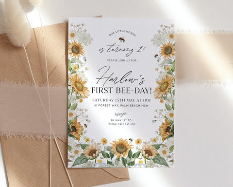 Bee Birthday Invitation, Bee 1st Birthday Invite, 1st Bee Day Invitation, Sunflower Bee Birthday Invitation, 1st Birthday Girl Bee Sunflower