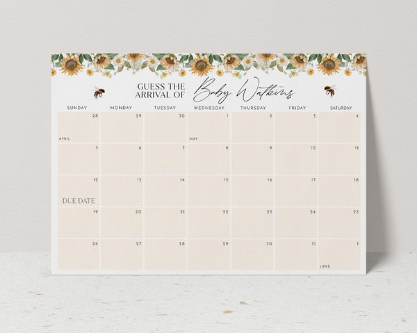 Baby Shower Due Date Calendar, Birth Date Sign, Baby Arrival Sign Printable, Sunflower Baby Shower, Bee Baby Shower Due Date Sign Floral