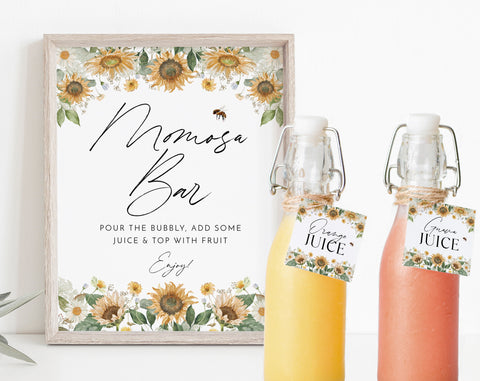 Sunflower Mimosa Bar Sign, Momosa Bar Sign, Mumosa Bar Sign, Juice Labels, Mimosa Juice Tags, Bee Baby Shower Mimosa Sign, Bee Mimosa Sign