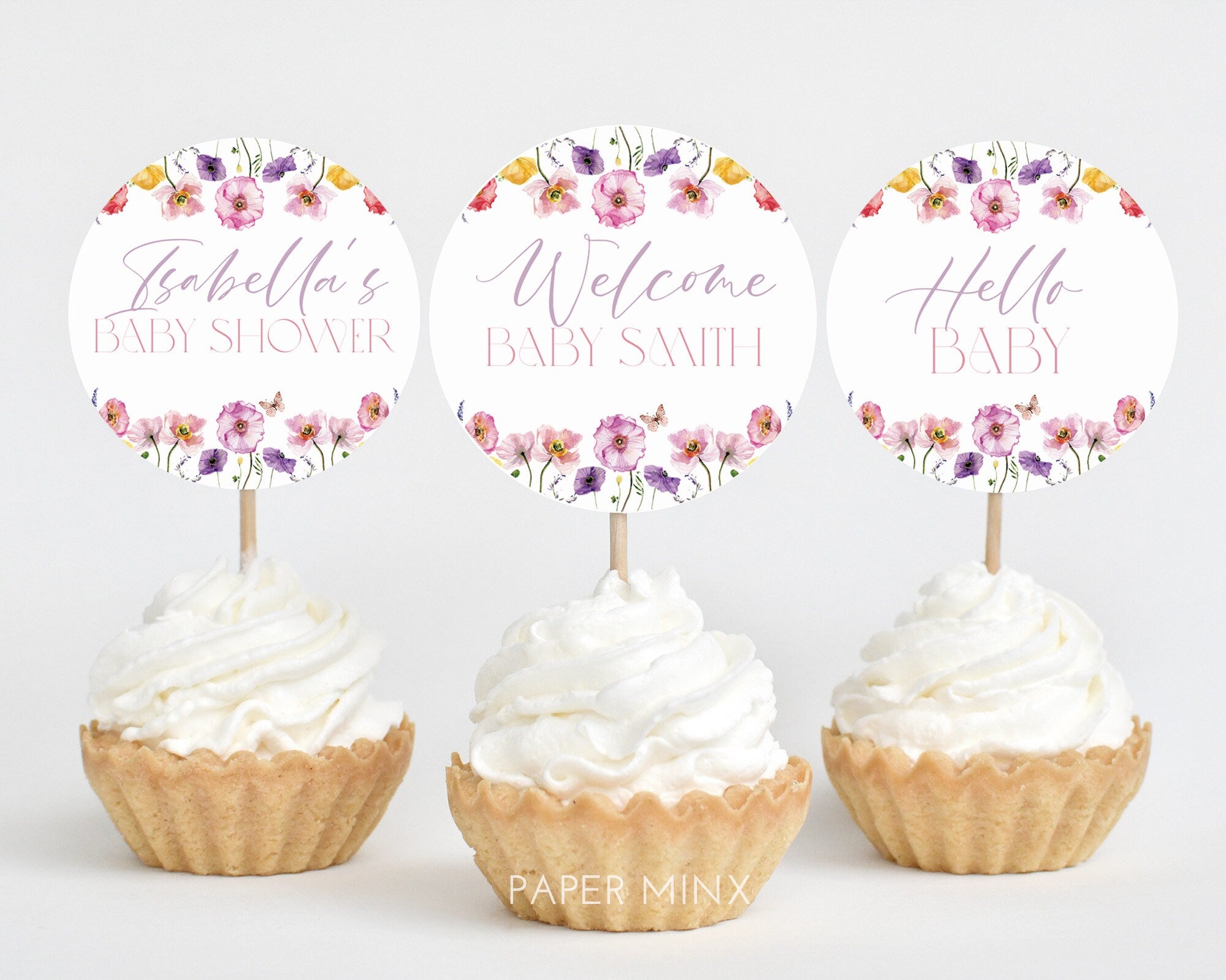 Baby in Bloom Cupcake Toppers, Floral Baby Shower Cupcake Toppers, Printable Cupcake Toppers, Editable Cupcake Toppers, Pink Flower Cupcake