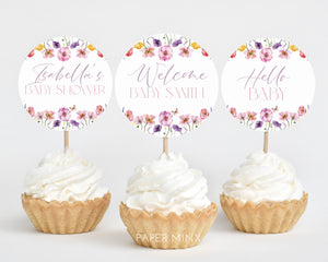 Baby in Bloom Cupcake Toppers, Floral Baby Shower Cupcake Toppers, Printable Cupcake Toppers, Editable Cupcake Toppers, Pink Flower Cupcake