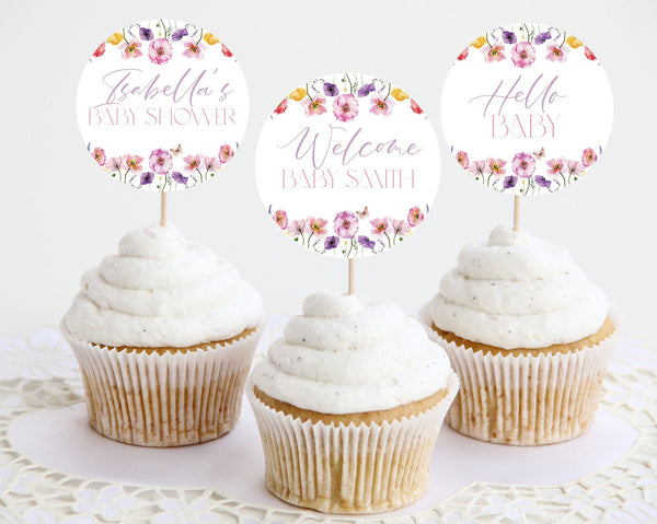 Baby in Bloom Cupcake Toppers, Floral Baby Shower Cupcake Toppers, Printable Cupcake Toppers, Editable Cupcake Toppers, Pink Flower Cupcake