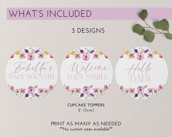 Baby in Bloom Cupcake Toppers, Floral Baby Shower Cupcake Toppers, Printable Cupcake Toppers, Editable Cupcake Toppers, Pink Flower Cupcake