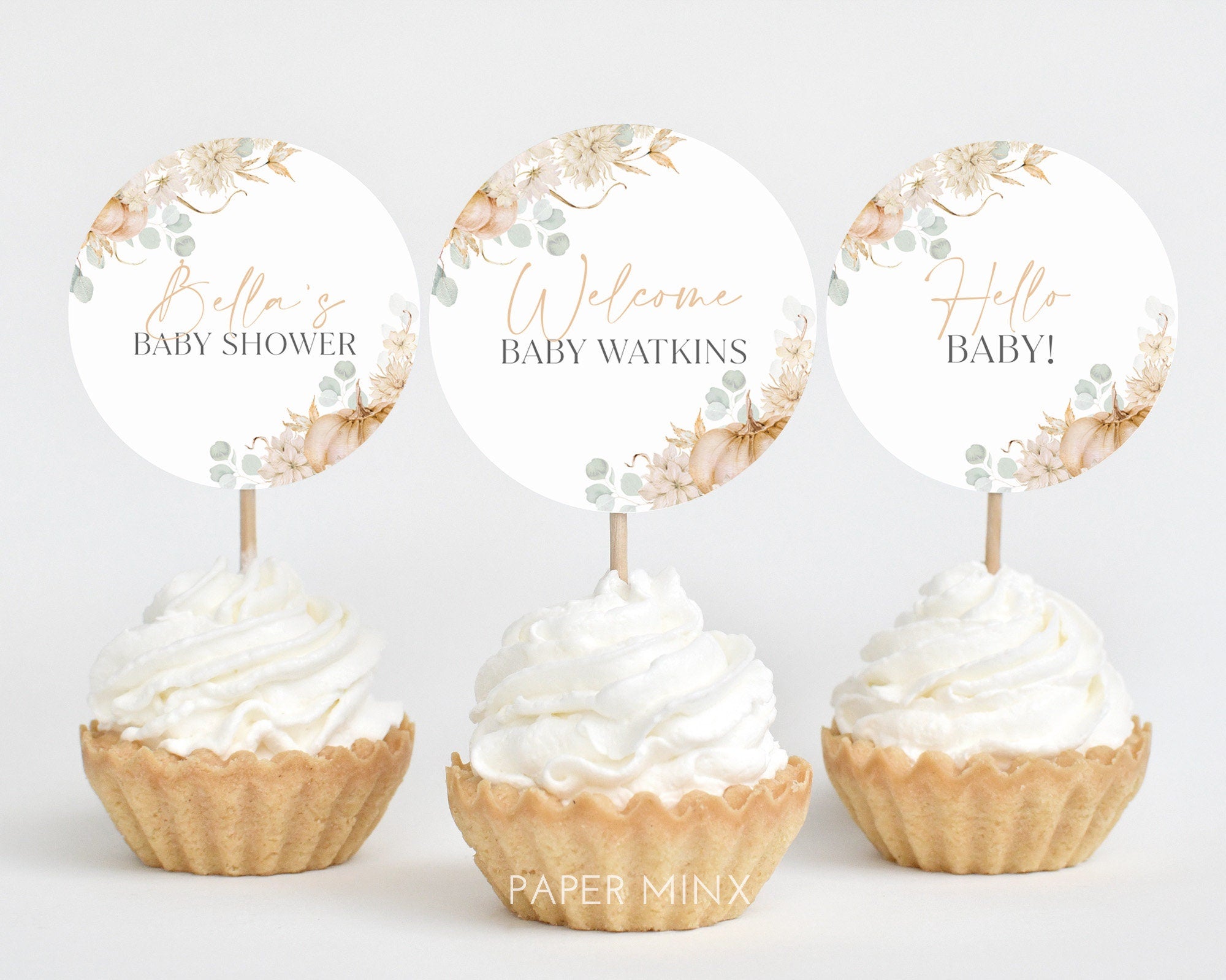 Pumpkin Cupcake Toppers, Fall Baby Shower Cupcake Toppers, Printable Cupcake Toppers, Editable Cupcake Toppers, Gender Neutral Fall Baby