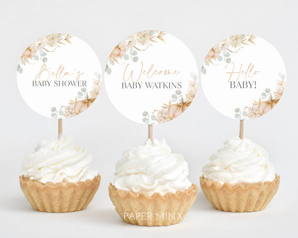 Pumpkin Cupcake Toppers, Fall Baby Shower Cupcake Toppers, Printable Cupcake Toppers, Editable Cupcake Toppers, Gender Neutral Fall Baby