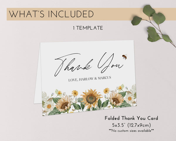 Sunflower Thank You Card Template, Printable Thank You Card, Bee Baby Shower Thank You Card, Sunflower Bee Thank You Card, Mommy to Bee Card