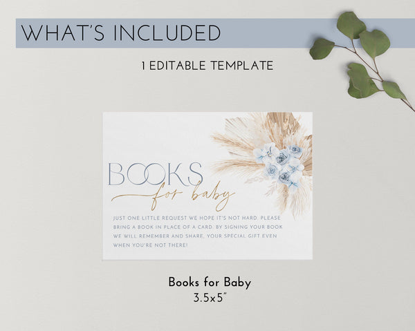 Boho Books For Baby Card Printable, Book Request Card, Blue Boho Baby Shower Book For Baby, Baby Shower Boy Blue, Boho Floral Books For Baby