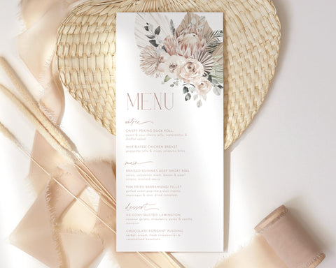 Protea Menu Template, Printable Bridal Shower Menu, Flower Menu, Editable Menu, Boho Protea Bridal Menu Printable, Boho Flower Menu Template