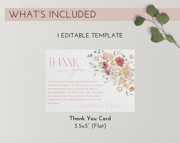 Floral Thank You Card Template, Printable Thank You Card Instant Download Thank You Card, Bridal Shower Thank You, Pink Flower Thank You