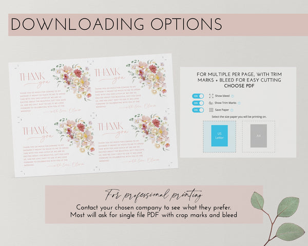 Floral Thank You Card Template, Printable Thank You Card Instant Download Thank You Card, Bridal Shower Thank You, Pink Flower Thank You