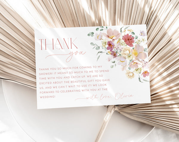 Floral Thank You Card Template, Printable Thank You Card Instant Download Thank You Card, Bridal Shower Thank You, Pink Flower Thank You